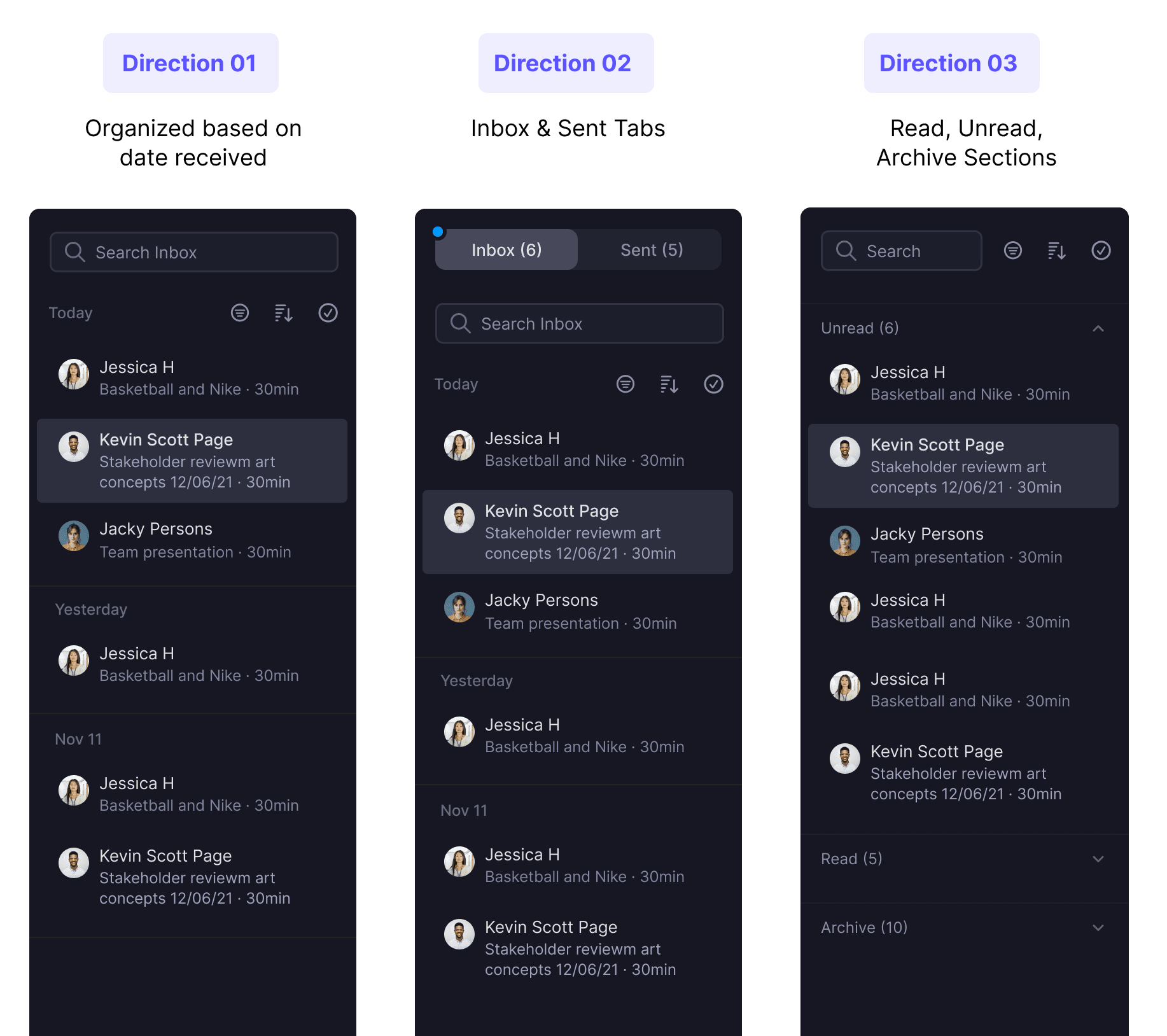 Inbox panel organization explorations
